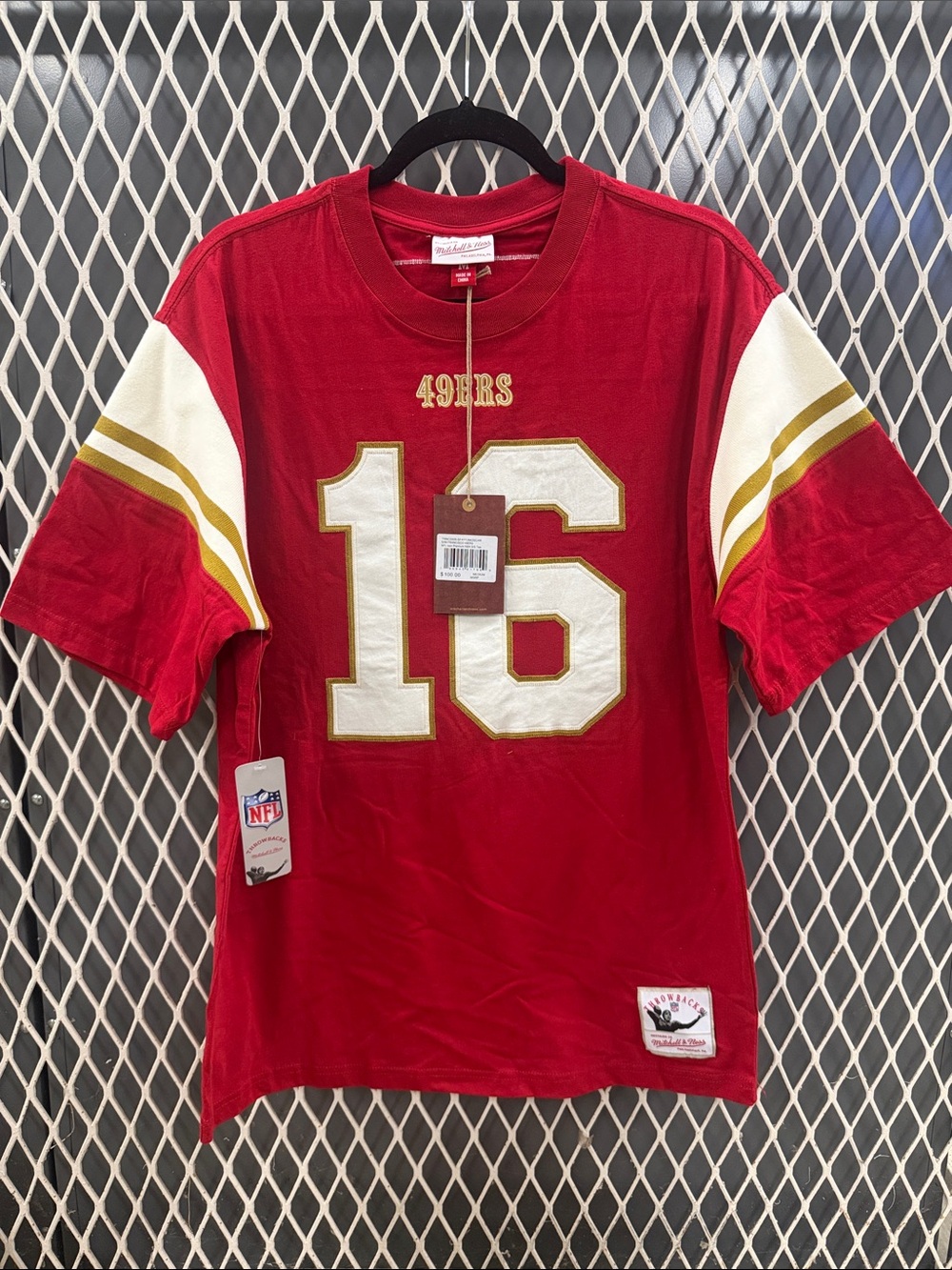 Joe Montana #16 Mitchell & Ness Red 49ers Tee with White and Gold Accents